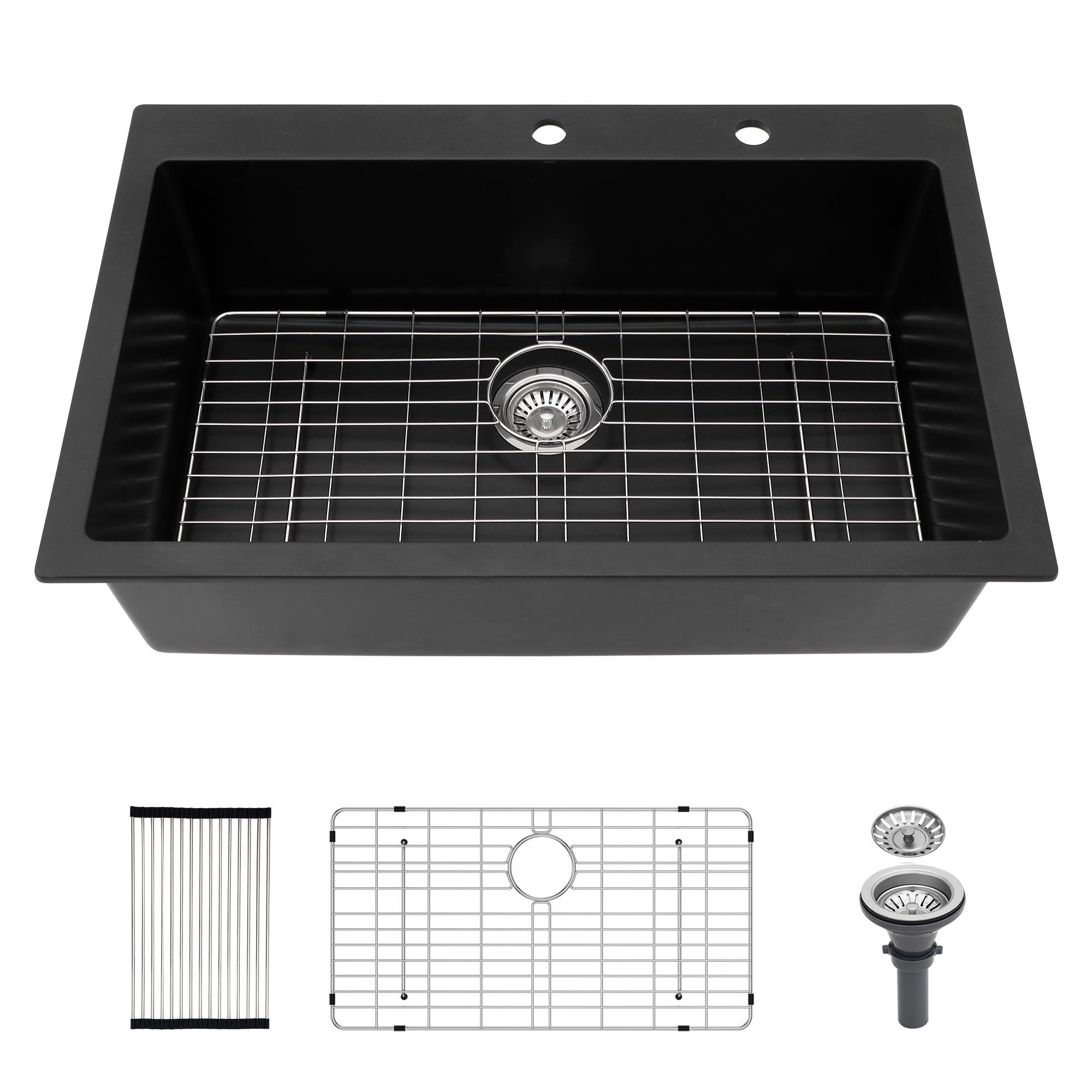33 Inch Drop-In Topmount Single Bowl Granite Quartz Composite Kitchen Sink, Black, Heat Resistant Scratch Resistant Easy to Clean Non-Porous Sink with Bottom Grid, Drain Strainer