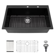 33 Inch Drop-In Topmount Single Bowl Granite Quartz Composite Kitchen Sink, Black, Heat Resistant Scratch Resistant Easy to Clean Non-Porous Sink with Bottom Grid, Drain Strainer