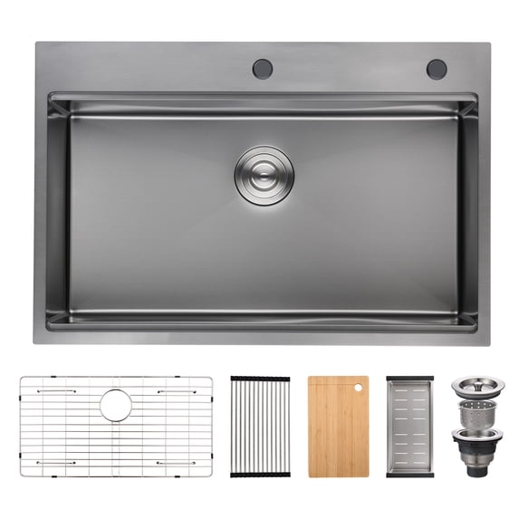 33 Inch Drop In & Undermount Kitchen Sink, Single Bowl Stainless Steel Kitchen Sink, Deep Basin Rust Resistant Farmhouse Sink with Noise Canceling Technology Black