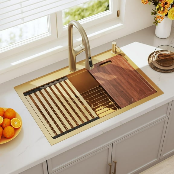 33 Inch Gold Drop In Kitchen Sink 33x22 Workstation  Coating Topmount Stainless Steel Single Bowl Sinks 33" x 22" x 9"