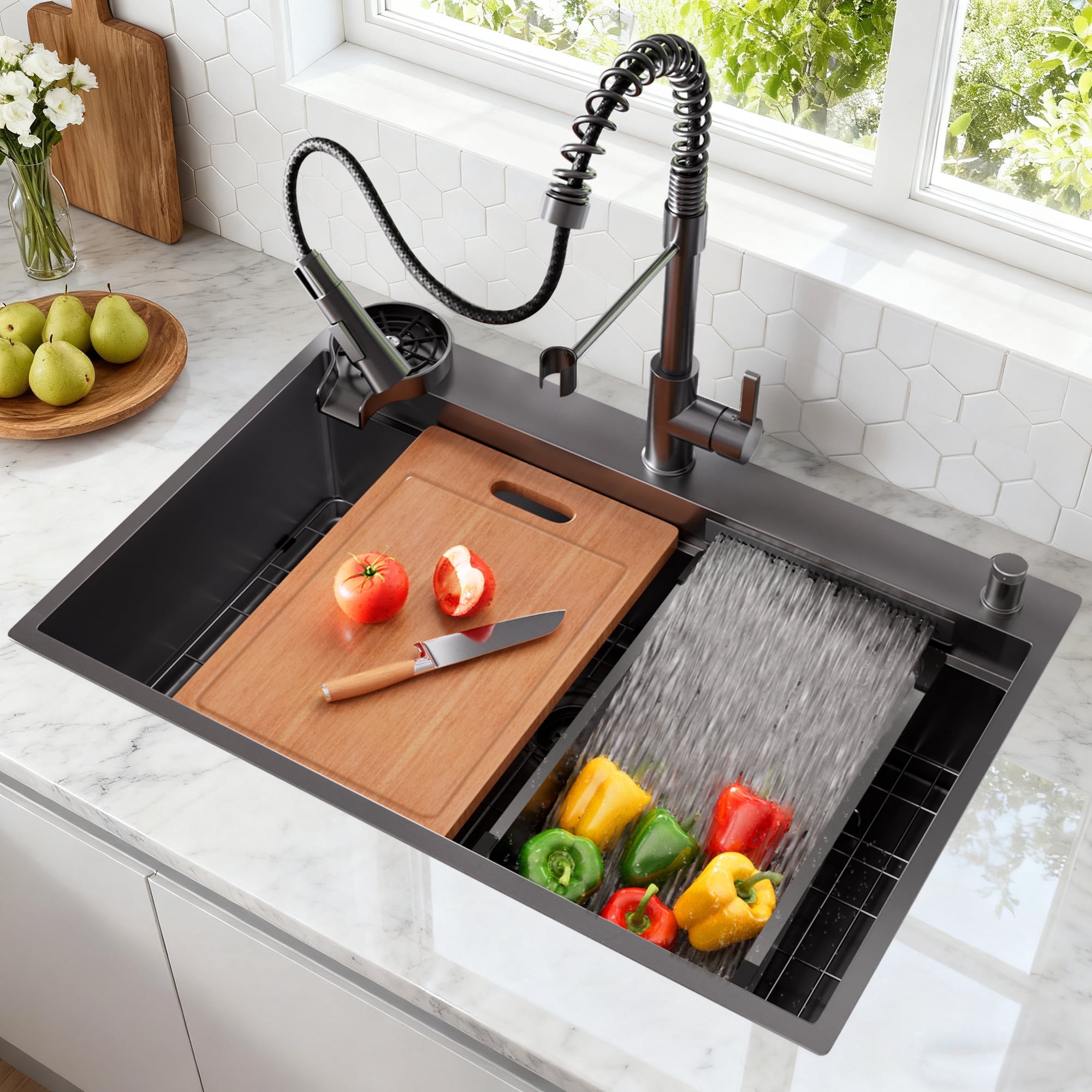 33 Inch Gunmetal Black Waterfall Kitchen Sink with Pull Out Faucet Combo, Workstation Smart Black Drop-in Sink PVD nano, Modern Single Bowl Waterfall Stainless Steel with Various Accessories