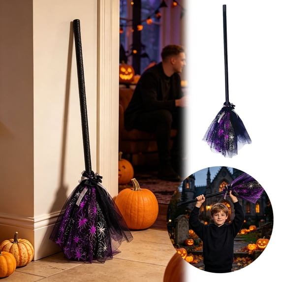 33 Inch Halloween Witches Broomstick Cane with Ribbon Witch Broom for Party Photo Booth Stage Prop Accessory Kids Women Wizard Themed Events Decor Indoor, Halloween Decorations