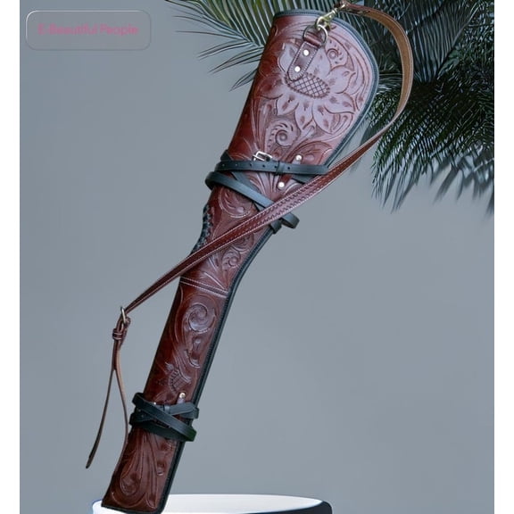 33 Inch Hand Tooled Leather Rifle Scabbard Western Carry Cover with Adjustable Strap Brown Saddle Case for Lever Action Styles