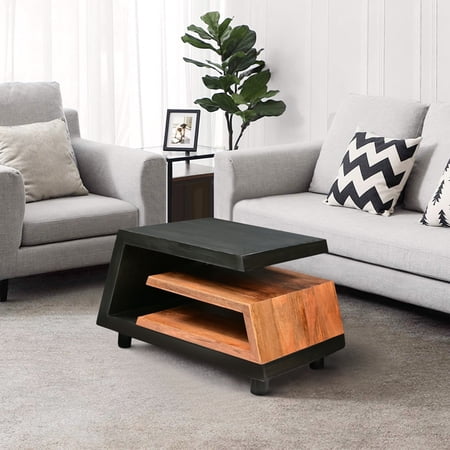 33" Handcrafted Coffee Table Geometric Dark Walnut and Natural Mango Wood Frame