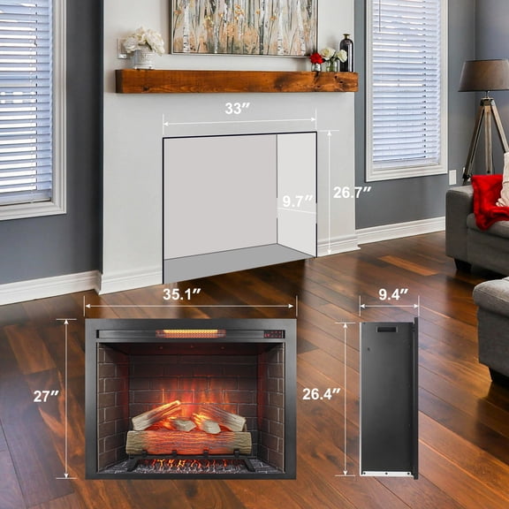 33 Inch Infrared Electric Fireplace Insert with Fixed Trim Kit, Touch Panel Home Decor Heater for Living Room, Smokeless Firebox with Crackling Sound, Antique Black