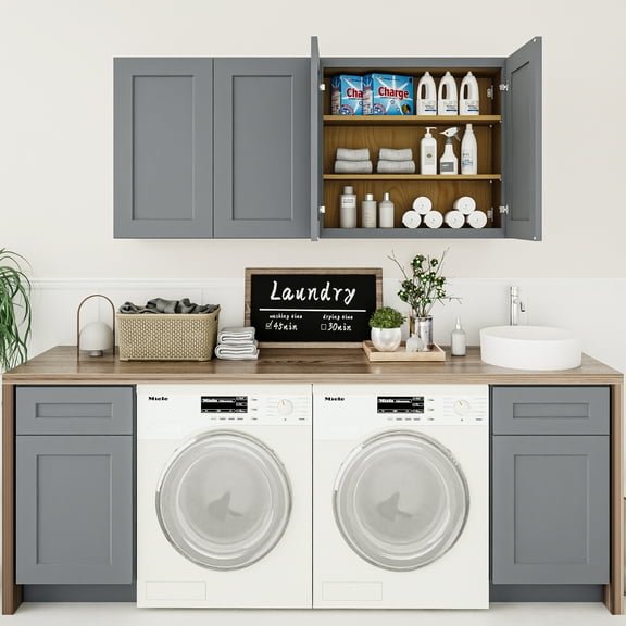 33 Inch Laundry Room Cabinets Wall Mounted, Solid Wood Over The Toilet Storage Cabinet, Bathroom Organizer Cabinets with 2 Shaker Door & Shelves, Easy to Assemble for Kitchen, Garage - Dark grey