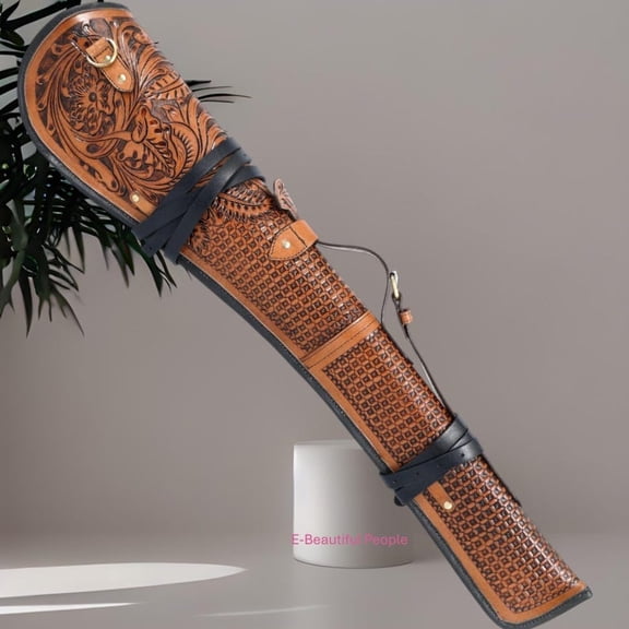33 Inch Leather Rifle Scabbard, Hand Tooled Western Case with Adjustable Strap, Brown & Black, Fits Most Lever Action Styles