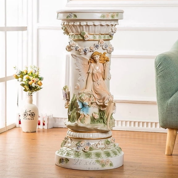 33 Inch Luxury Vintage Roman Column Pedestal, Resin Pillar with Fairy Floral Relief, Elegant Display Stand for Living Room Entryway Home Decor