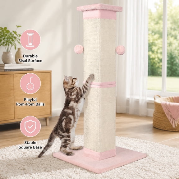 33 Inch Nature Sisal Cat Scratching Post for Indoor Cats, Large Durable Cat Scratcher, Furniture Protector, Pink