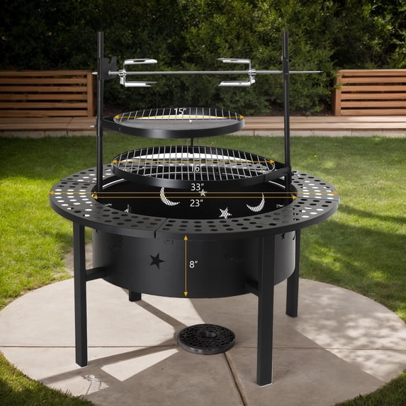 33 Inch Outdoor Fire Pit with Removable Swivel Cooking Grills, Wood Burning Firepit for Patio & Bonfire, Black