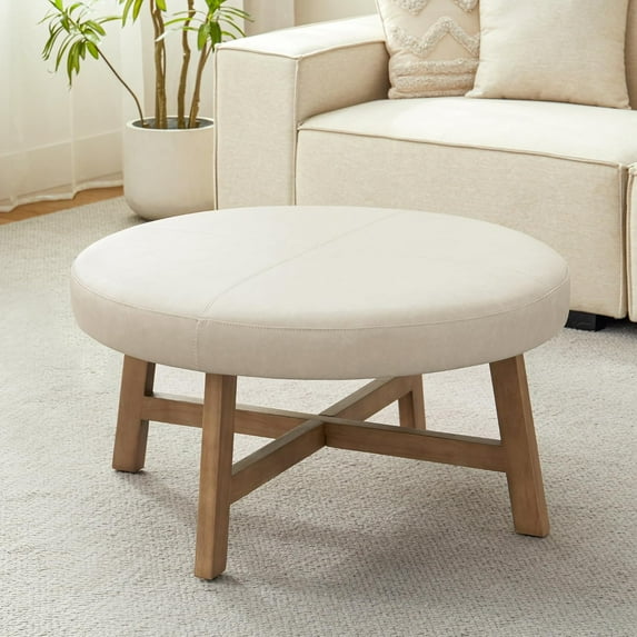 33 Inch Round Coffee Table, Mid Century Modern Coffee Table for Living Room, Upholstered Leather Ottoman, Round Ottoman Easy to Assemble (Beige)