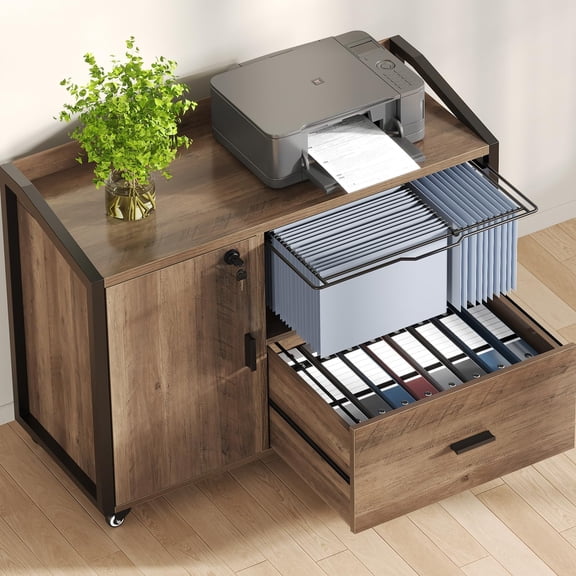 33-Inch Rustic Oak Rolling File Cabinet with Lock, Mobile Lateral Filing Cabinet on Wheels, Wood and Metal Printer Stand with Storage Drawer Shelf