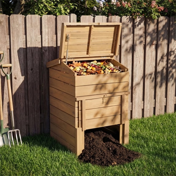 33 Inch Solid Wood Composter with Easy Top Bottom Access Garden Waste Bin