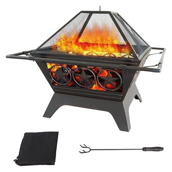 33 Inch Square Metal Fire Pit with Mesh Lid & Cover - Outdoor Fireplace for Patio, Yard, Camping