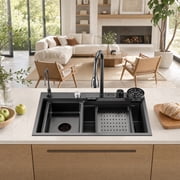 Broncho Black Stainless Steel 33" Workstation Kitchen Sink with Waterfall Pull-Down Faucet Combo, Drop-In Single Bowl