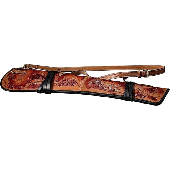 33 Inch Tooled Rifle Case Genuine Leather Rifle Cases Hunting Accessories Handmade Sleeve Scabbard with Strap-16 to 24 inch Barrel Length, Twotone brown