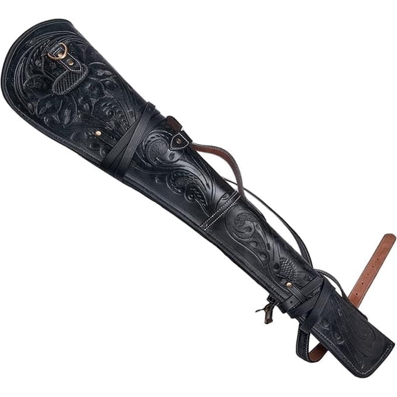 33 Inch Tooled Rifle Case Genuine Leather Rifle Cases Hunting Accessories Handmade Sleeve Scabbard with Strap-16 to 24 inch Barrel Length, Black