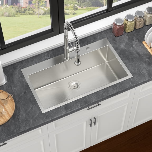 33-Inch Topmount Kitchen Sink, 16 Gauge T304 Stainless Steel Single Bowl, 33 x 19 x 9 in, Brushed Finish with Drain Strainer