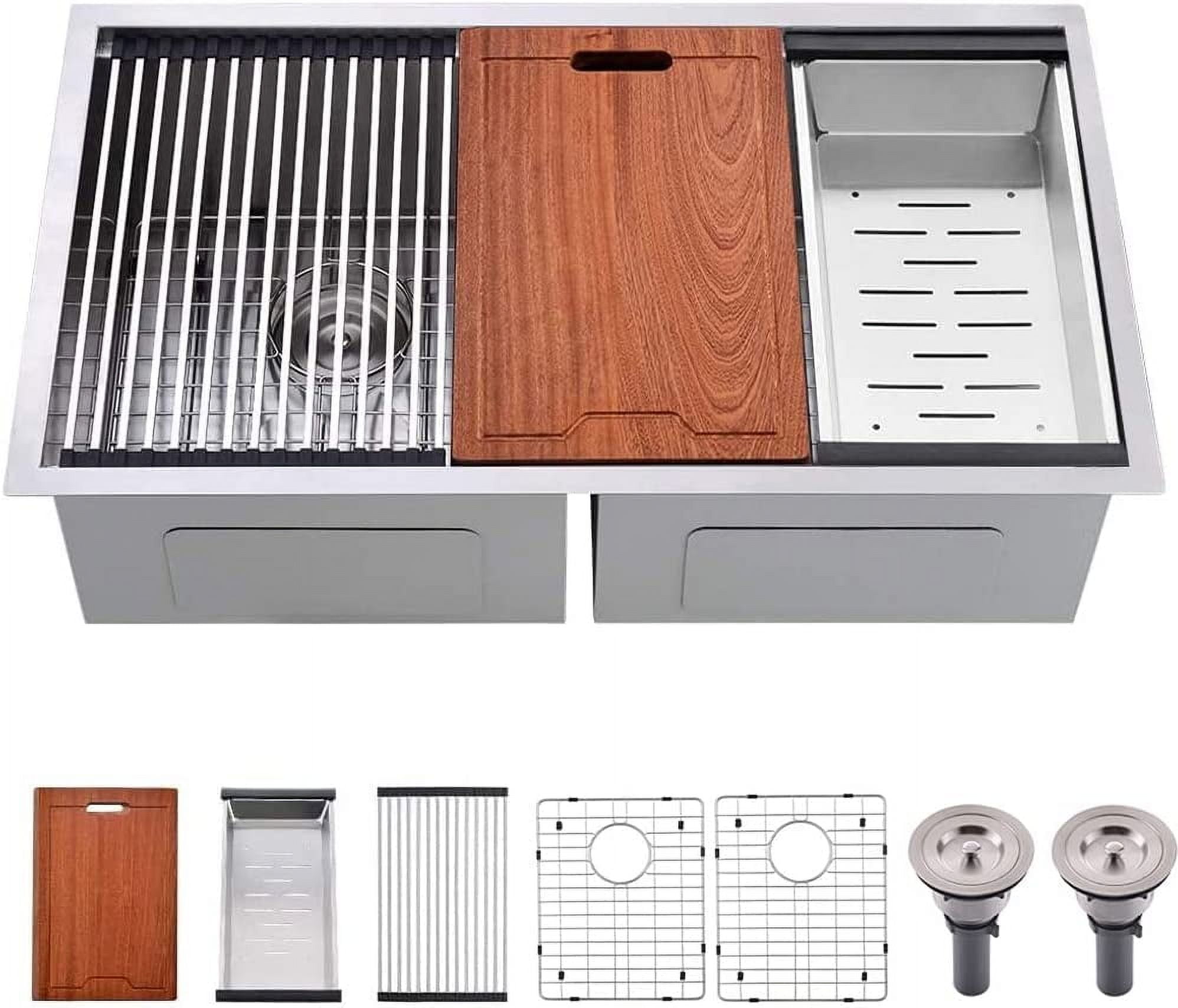 Jshozzy 33 Inch Undermount Kitchen Sink - Single Bowl Workstation, 16 Gauge Stainless Steel, Offset Drain