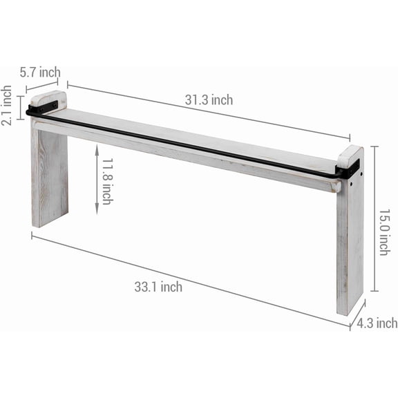 33 Inch Wide Over The Stove Top Spice Shelf, Shabby White Washed Solid Wood and Industrial Black Metal Space Saving Stovetop Range Storage Display Rack