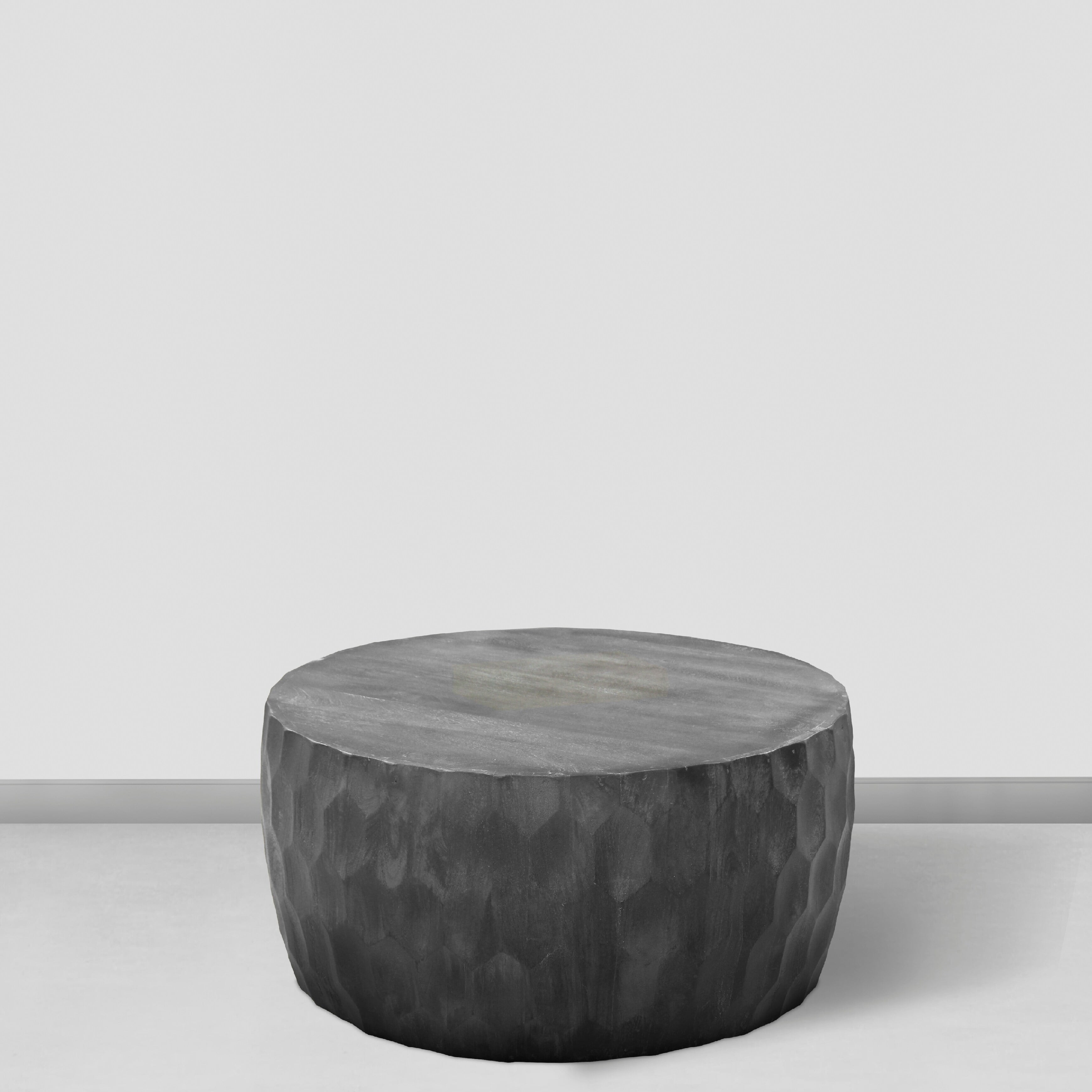 33 Inch Mango Wood Round Drum Coffee Table with Geometric Carved
