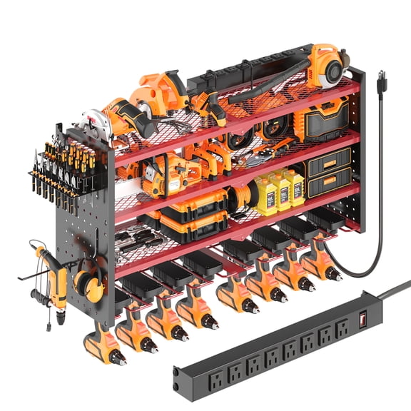33 Inches Modular Wall-Mounted Power Tool Organizer with Charging Station Heavy-Duty Drill Rack with Hooks and 8-Outlet Holder in Red