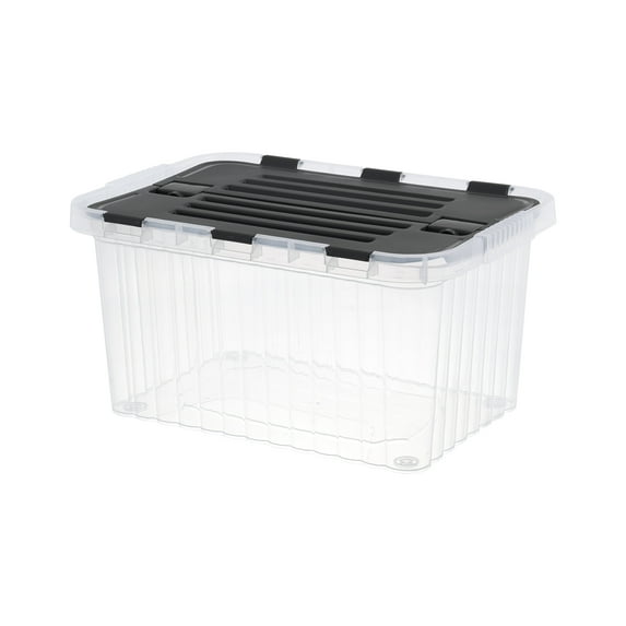 Superio Storage Box with Hinged Lids, Plastic Container Bins for Organizing with Attached Lid, Stackable Crates, BPA Free, Organizers for Home, 35 Quart (Clear with Grey Lids, 20.25"x14"x10.5")