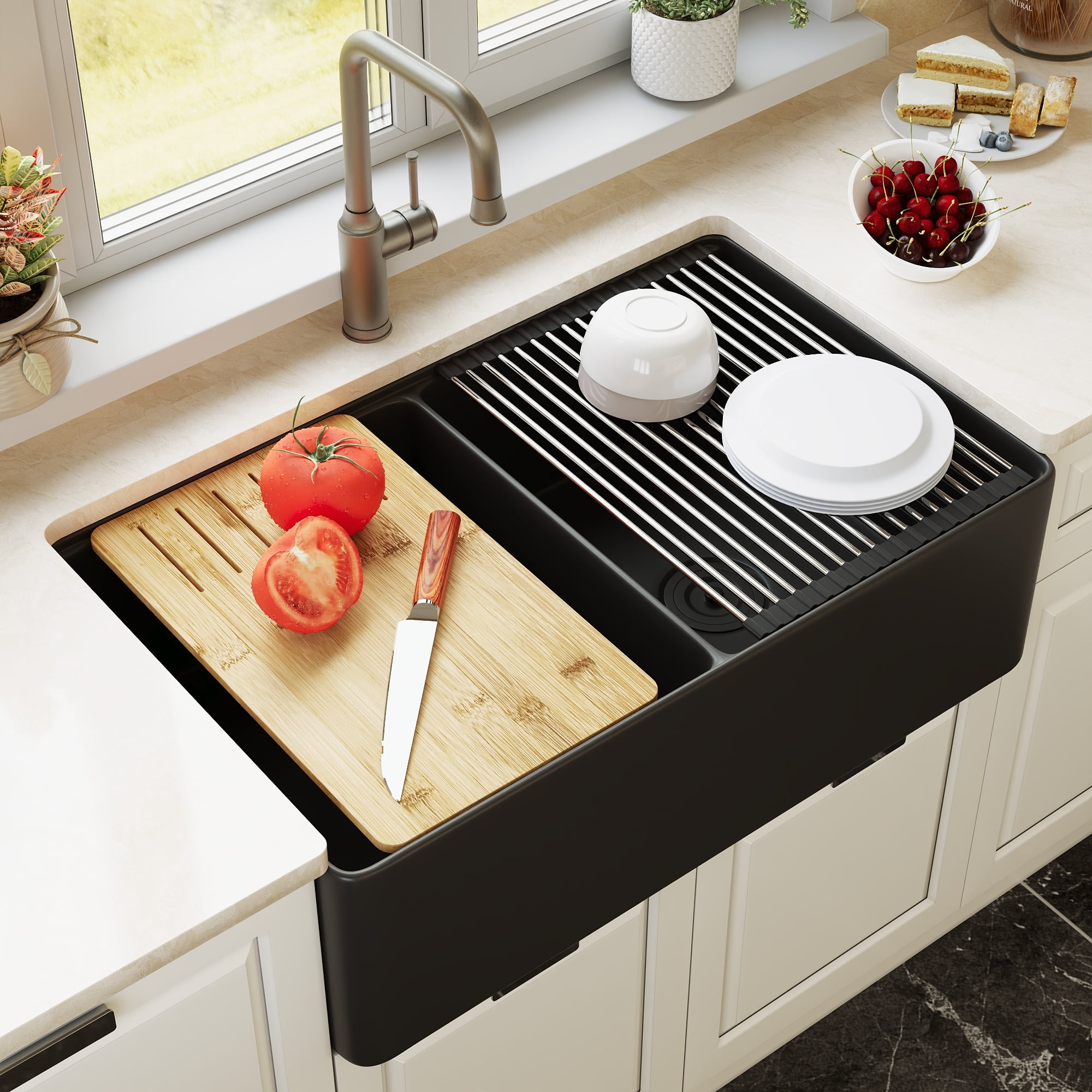 33" L X 20" W Double Basin Workstation Farmhouse Kitchen Sink With Sink Grid, Cutting Board And Dish-Drying Rack  DV-1K0068B