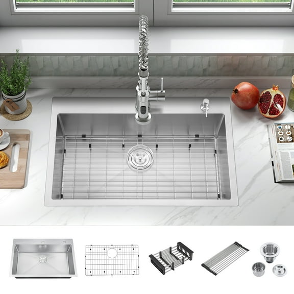 33''L x 22''W Drop in Single Bowl Kitchen Sink Scratch-Resistant Nano Finish With Bottom Grid