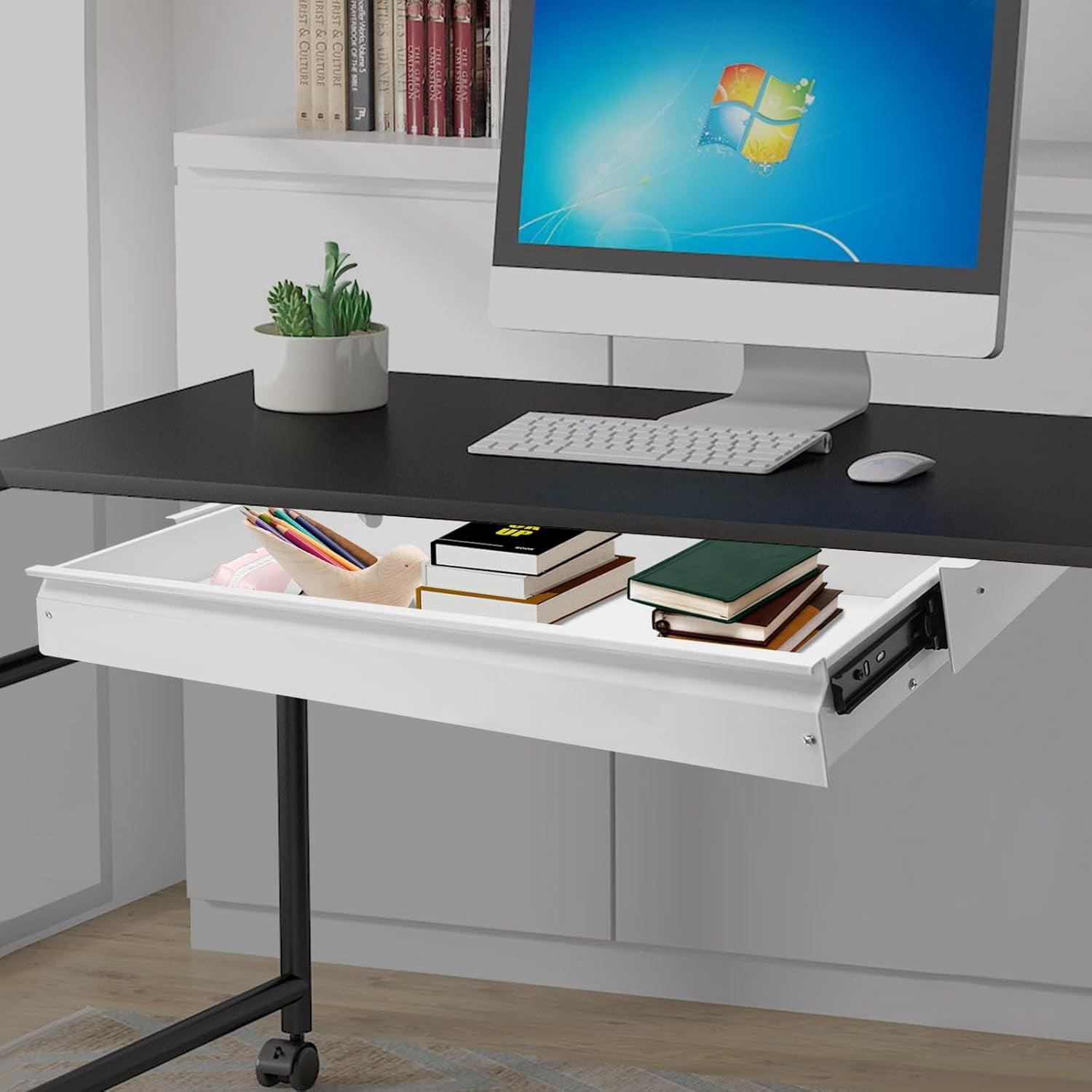 Beiyier Under Desk Sliding Drawer – Pull-Out Storage Organizer For Office Desk Or Sit-Stand Workstation (Black)
