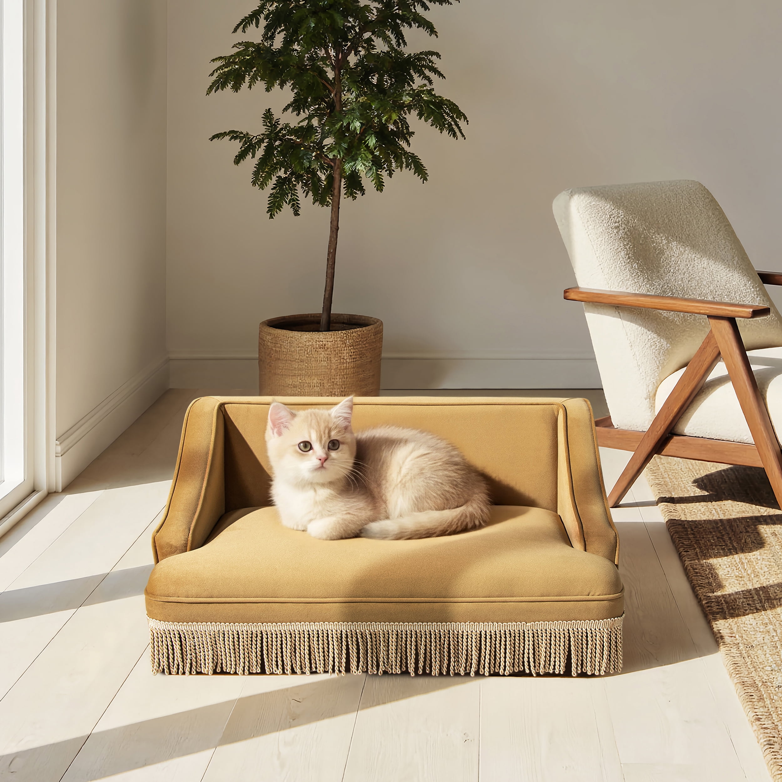 33" Medium Princess Pet Bed Sofa with Fringe Skirt, Gold Yellow Performance Velvet