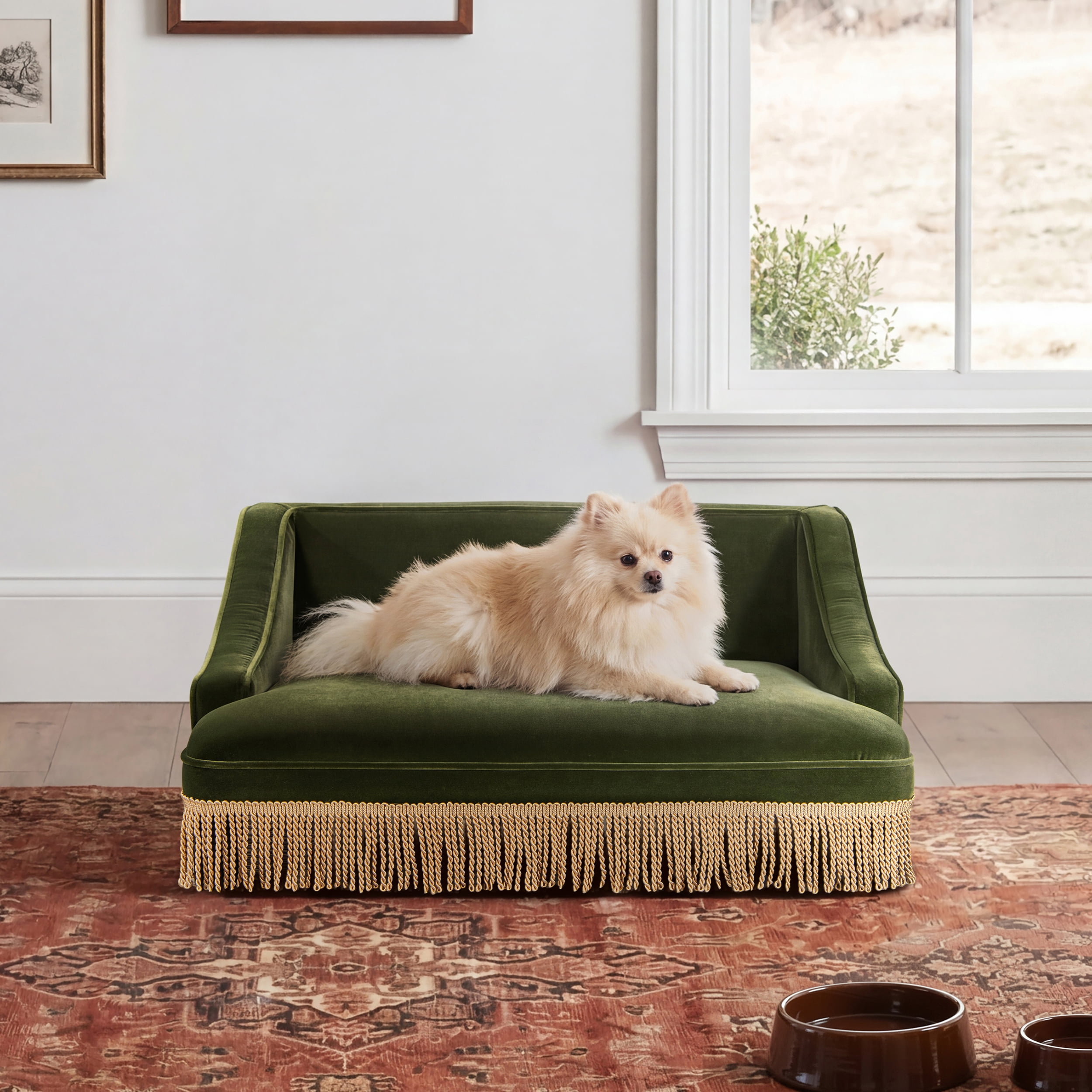 33" Medium Princess Pet Bed Sofa with Fringe Skirt, Olive Green Performance Velvet