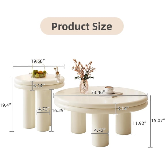 33." Modern Nesting Coffee Tables Set of 2, White 2 in 1 Living Room Coffee Table Set, Irregular End Table for Bedroom, Office, Small Spaces