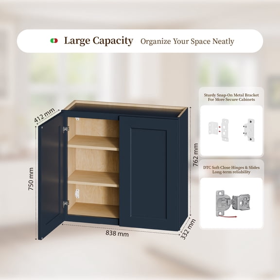 33" Navy Blue Shaker Wall Cabinet Solid Wood with 2 Adjustable Shelves Ready-to-Assemble for Kitchen, Bathroom, Laundry, and Garage Storage (33"W12"D30"H)