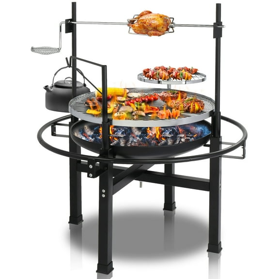 33" Outdoor Fire Pit With 2 Grills, Wood Burning With Swivel Cooking Grate, Removable Grill for Backyard Patio Outside Picnic BBQ