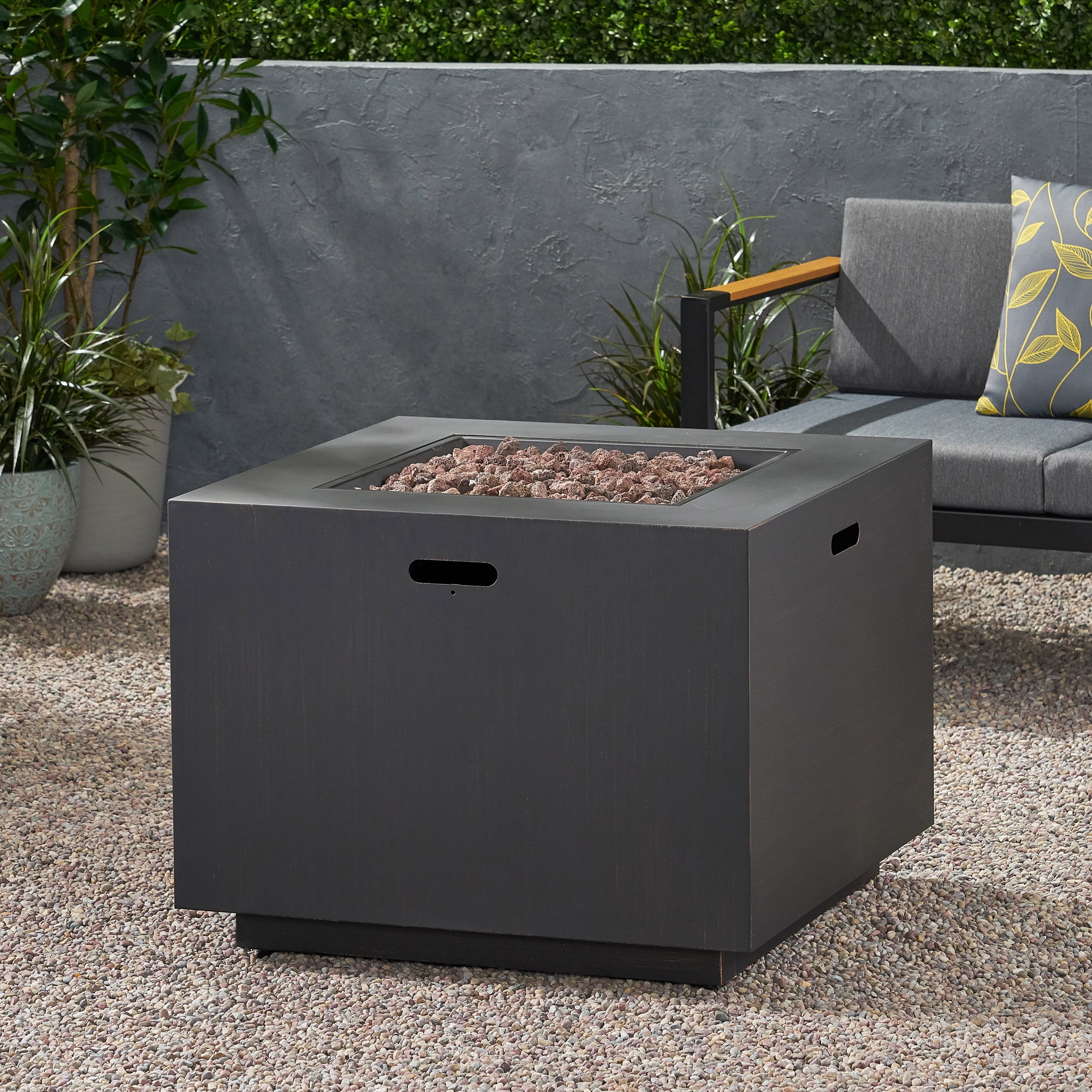 33" Outdoor Iron Square Propane Fire Pit with Built-in Tank, Brushed ...