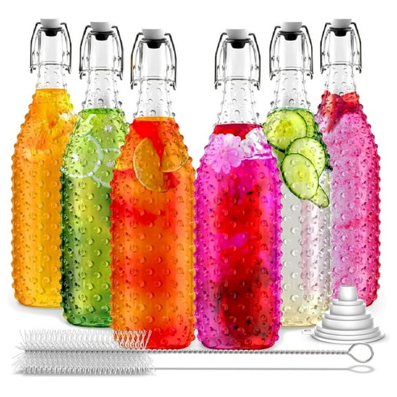 33 Oz Dotted Top Glass Bottle 6 Pack | Clear 1 Liter Top Glass Bottles with Lids, Funnel & Brush | Decorative Wine Bottles for Wine Making | Round Kombucha Jar & Syrup Bottle Set