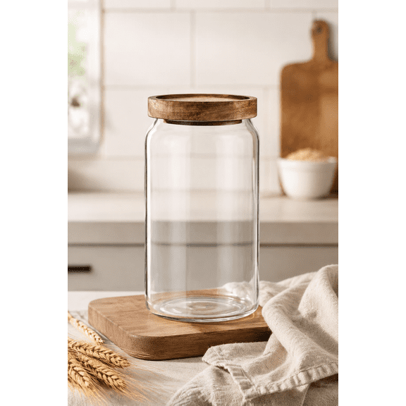 33 Oz Glass Storage Jar with Airtight Bamboo Lid  Wide Mouth Canister for Pantry Organization, Ideal for Flour, Sugar, Cookies, Pasta, Nuts, and Candy.
