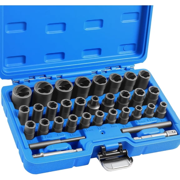 33 PCS Bolt Extractor Kit Set, 1/4" & 3/8" Bolt and Nut Remover Set CR-MO Steel Extraction Socket Set with Storage Case Drive Lug Nut Removal Tool for Rusted, Damaged, Round Bolt Nuts Screws