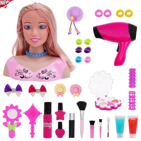 33 PCS Hair Styling Doll Head Pretend Play Toys, Toddler Girls Deluxe Hairdresser Makeup Playset with Blow Dryer Hair Accessories,Learning Toy,Imaginative Beauty Salon Role Play Kit for Girls Ages 3+
