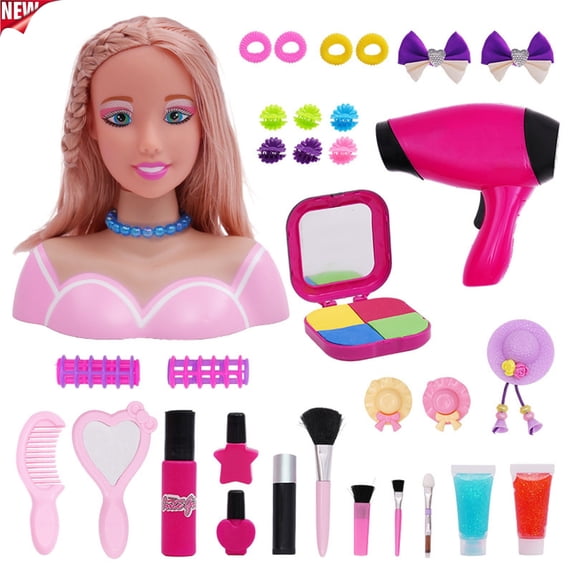 33 PCS Hair Styling Doll Head Pretend Play Toys, Toddler Girls Deluxe Hairdresser Makeup Playset with Blow Dryer Hair Accessories,Learning Toy,Imaginative Beauty Salon Role Play Kit for Girls Ages 3+