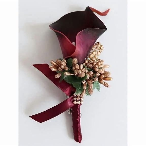 Artificial Calla Lily Boutonniere for Men Wedding Groom Best Man Boutonniere with Pin for Wedding Party, Prom Event, Ceremony, Anniversary (Wine Red)