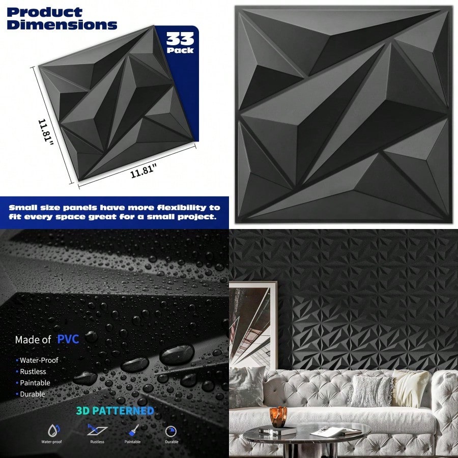 33 Pack 3D Wall Panel Diamond for Interior Wall Decor PVC Flower ...