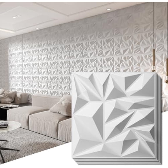 33-Pack 3D Wall Panels for Interior Wall Decor, Modern Diamond Textured Accent Wall Paneling for Gaming Living Room TV Wall Background, 12 x 12 inch White, A10342