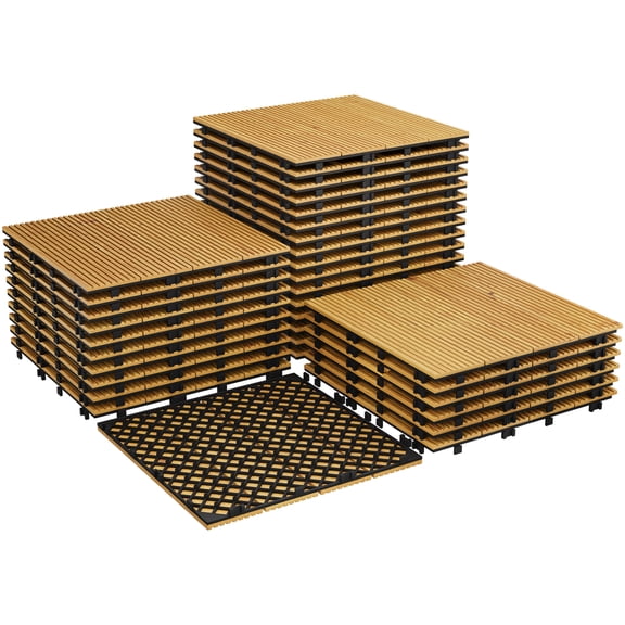 33 Pack Patio Deck Tiles,12" X 12"Interlocking Natural Solid Acacia Wood for Outdoor & Indoor,Waterproof All Weather Use Deck Tiles forPatio Garden, Balcony, Poolside,Brown