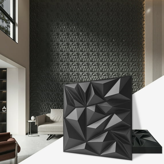 33 Pcs 11.8'' x 11.8'' PVC 3D Wall Panel Diamond for Interior Home Decor in Black, Accent Wall Panles for TV Background,3D Textured PVC Panels
