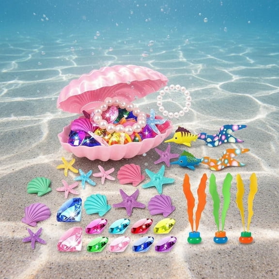 33 Pcs Diving Pool Toys with Pirate Treasure Chest, Large Colorful Sinking Gems for Underwater Swimming Games, Summer Water Fun, Acrylic Diamond and Animal Jewels Set
