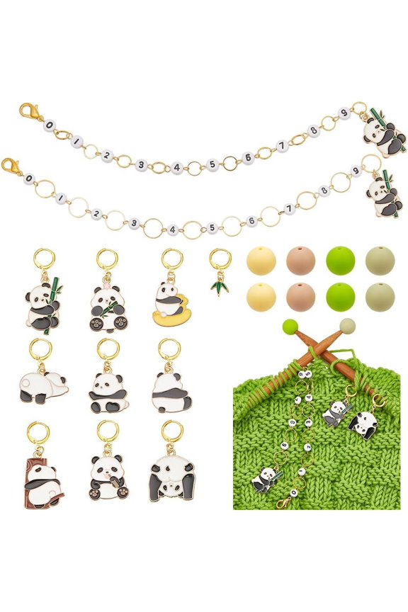 33 Pcs Knitting Accessories Kit Including 10Pcs Panda Stitch Markers 2Pcs Knitting Row Counter Chains 20 Pcs Knitting Needle Stoppers 1Pc Yarn Guide Finger Ring for DIY Knitting for DIY