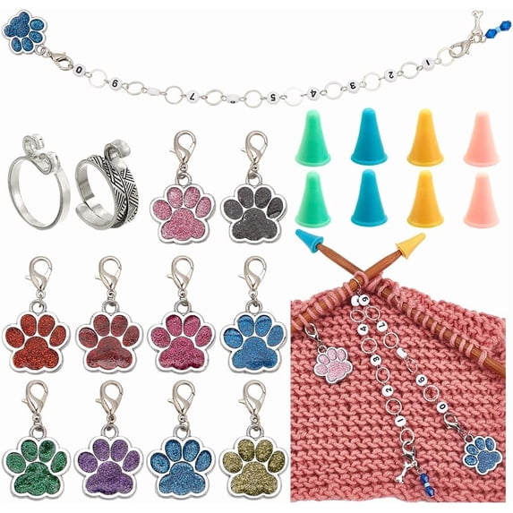 33 Pcs Knitting Accessories Kit Including Dog Paw Print Stitch Marker 0-9 Number Row Counter Chains Needle Stoppers Yarn Guide Finger Holder for DIY Knitting Weaving Sewing Mixed Color