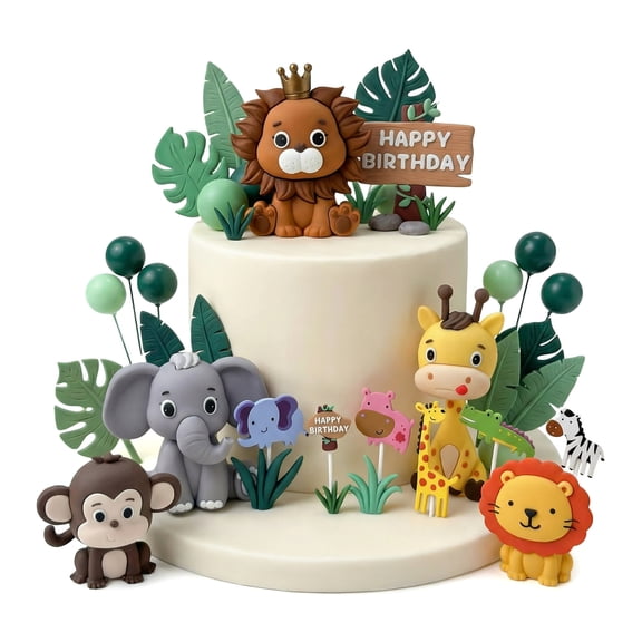 33 Pcs Safari Animal Cake Topper Set, Jungle Wild Cake Decorations with Leaves & Balls for Safari Themed Birthday Baby Shower Party Supplies